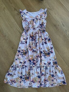 Chenault Lavender Floral Ruffle Sundress with Navy & Mustard Accents